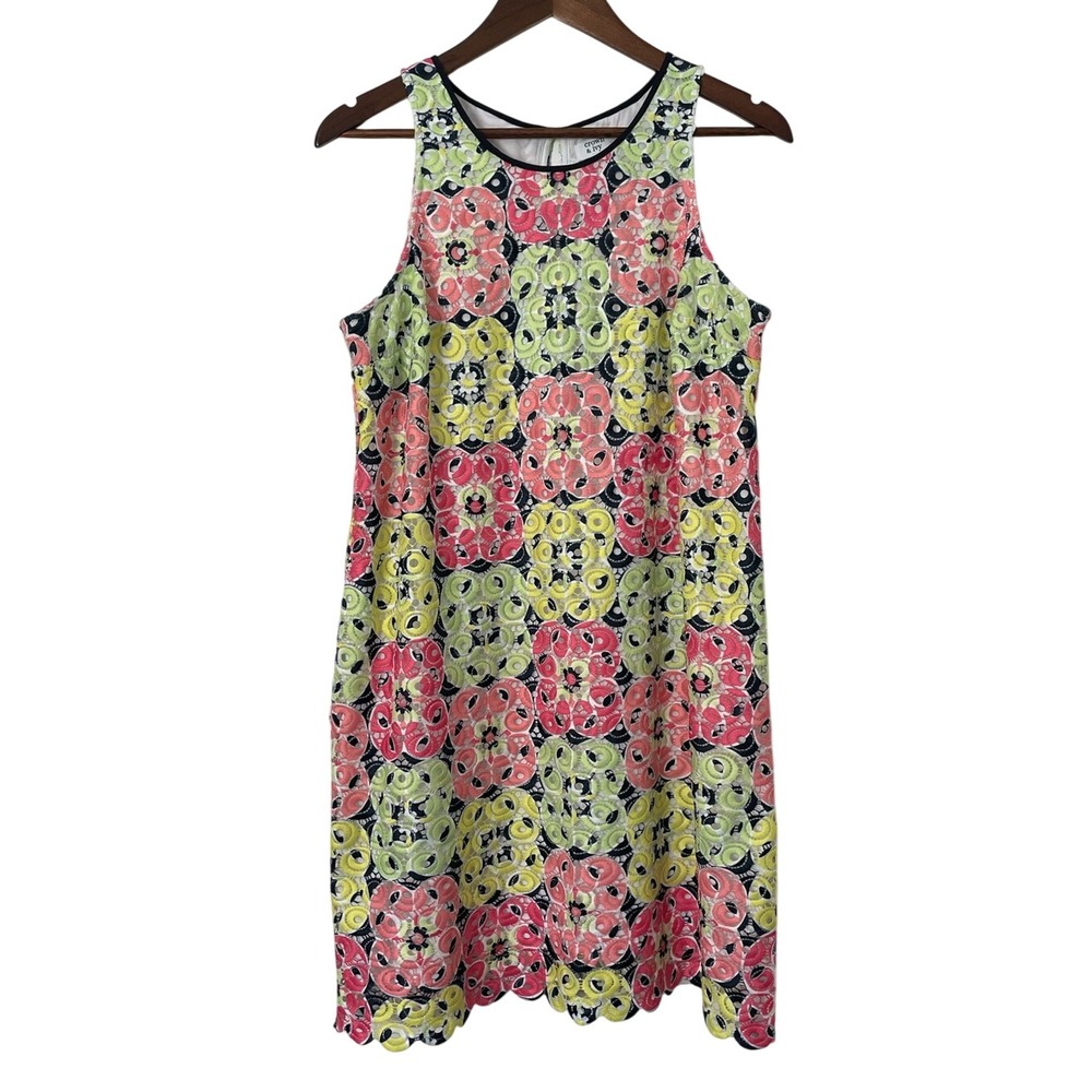 Crown & Ivy Eyelet Lace Dress M Multicolor Floral Sleeveless Scallop Hem Pockets